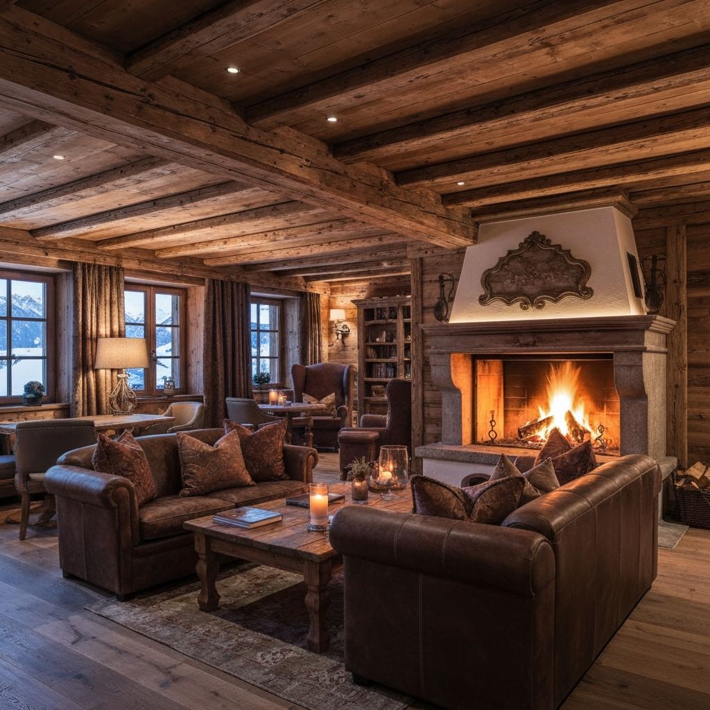 Salon chaleureux du Chalet Étoilé avec cheminée et boiseries
